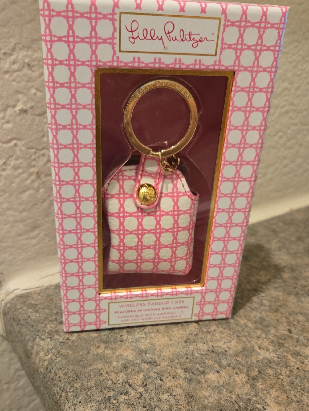 Lilly Pulitzer Pink and White Pattern Keychain Earbud Case with Gold Hardware
